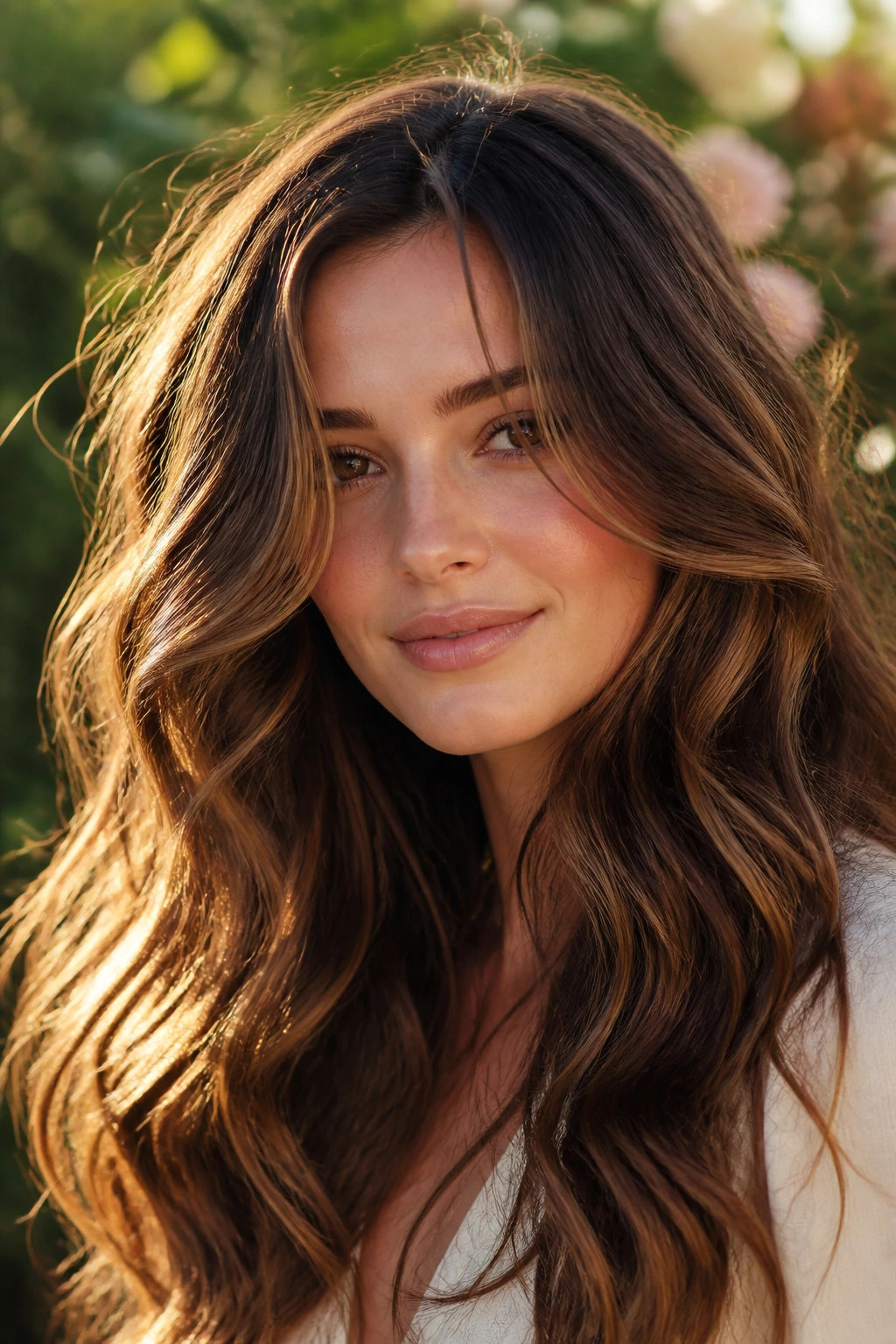 Close-up of a real woman with bronze brunette waves and warm glow