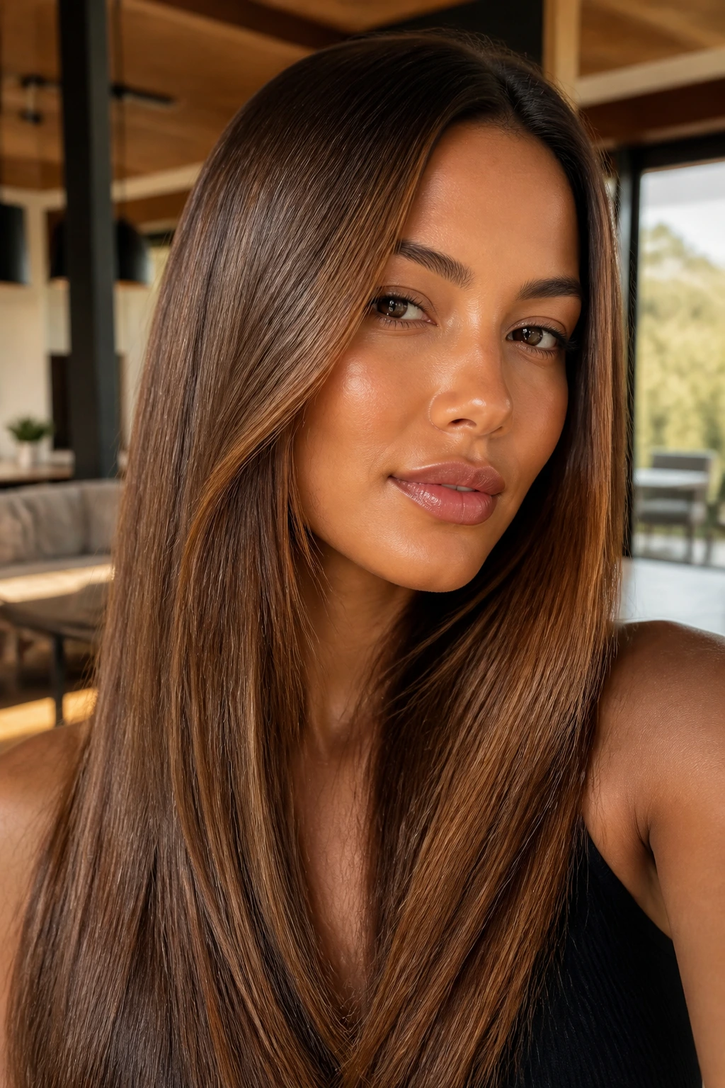 Portrait of a woman with bronze brunette shine hair in warm interior light
