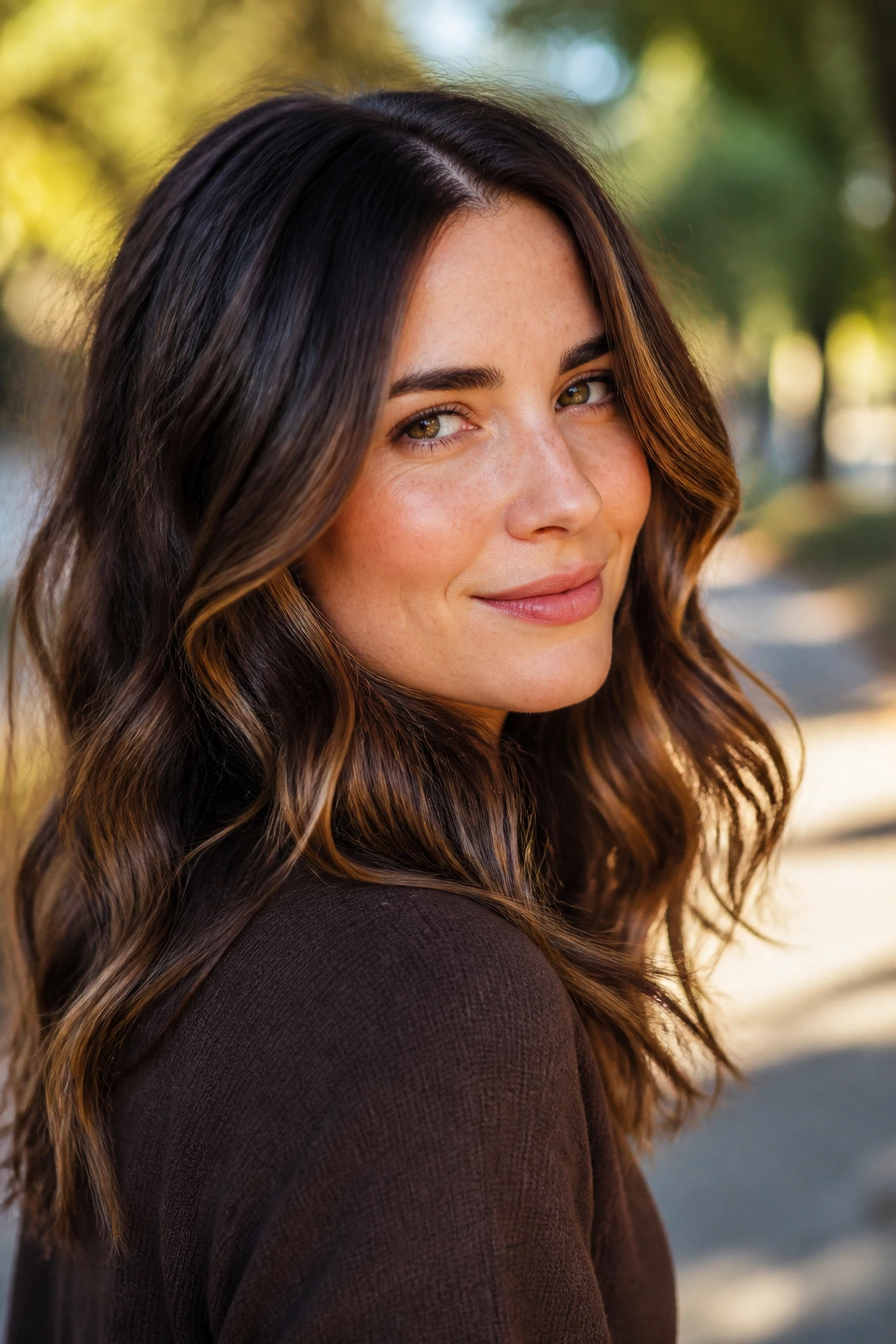Portrait of a woman with bronze-infused brunette waves in sunlight.