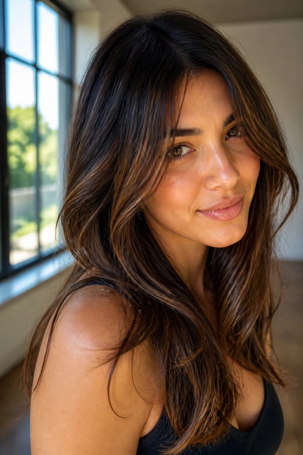 Close-up portrait of a woman with bronze-caramel babylights on dark hair in warm window light
