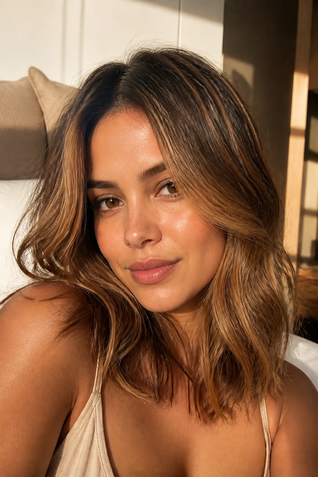 Close-up of shoulder-length hair with bronze caramel highlights catching sunlight.