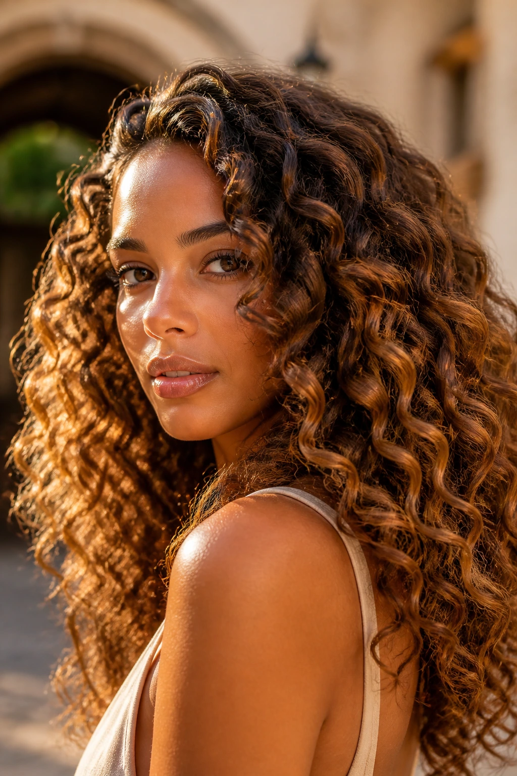 Real woman with bronze caramel curls lit by golden hour sunlight