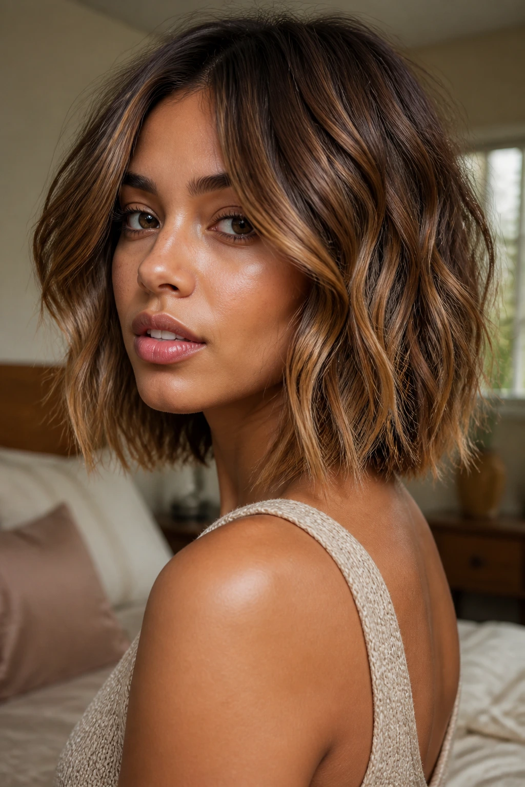 Close-up of a real person with bronze-caramel wavy shag bob