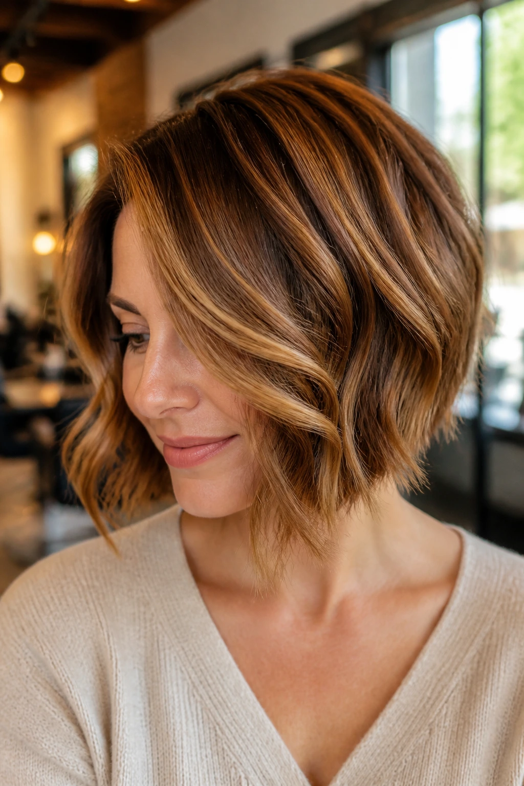 Close-up of a real woman with bronze-caramel inverted bob and soft waves in warm salon light