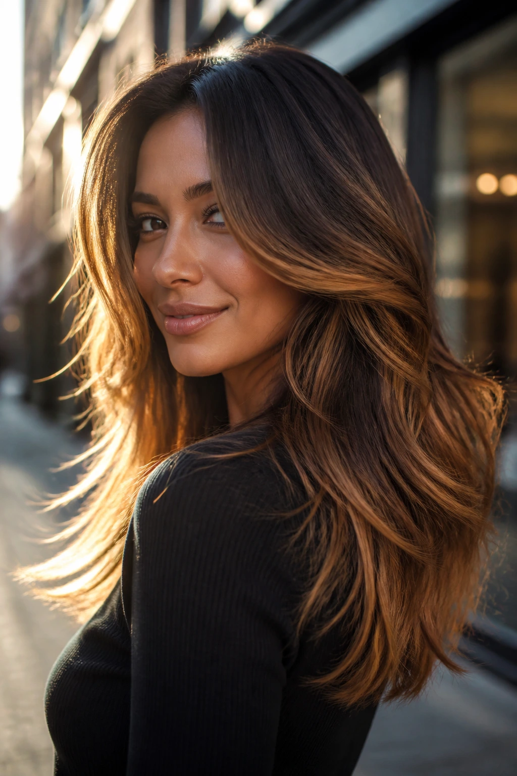 Portrait of a real woman with bronze caramel layered hair in golden hour light