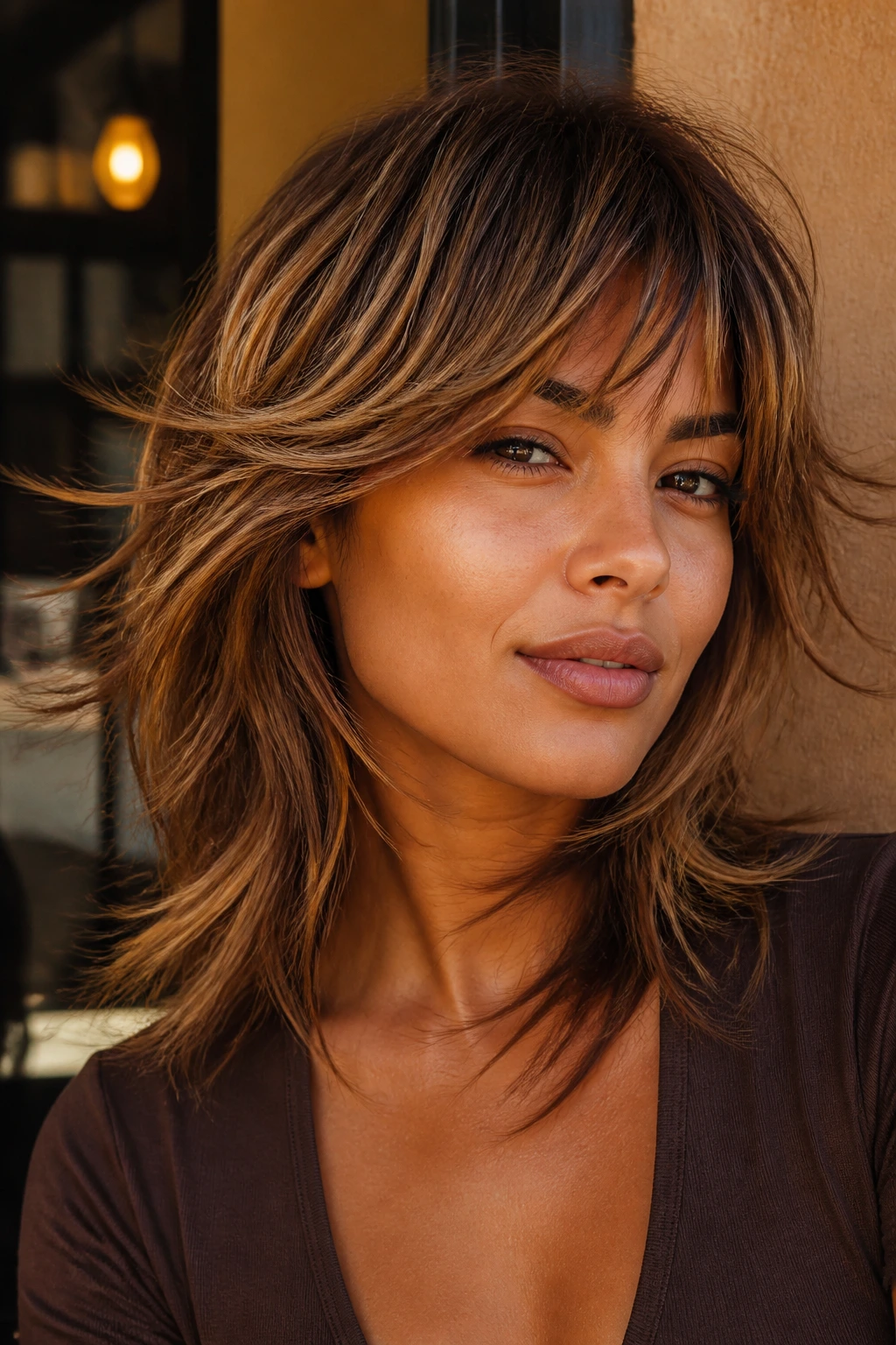 Close-up of real person with bronze-caramel shag hairstyle.