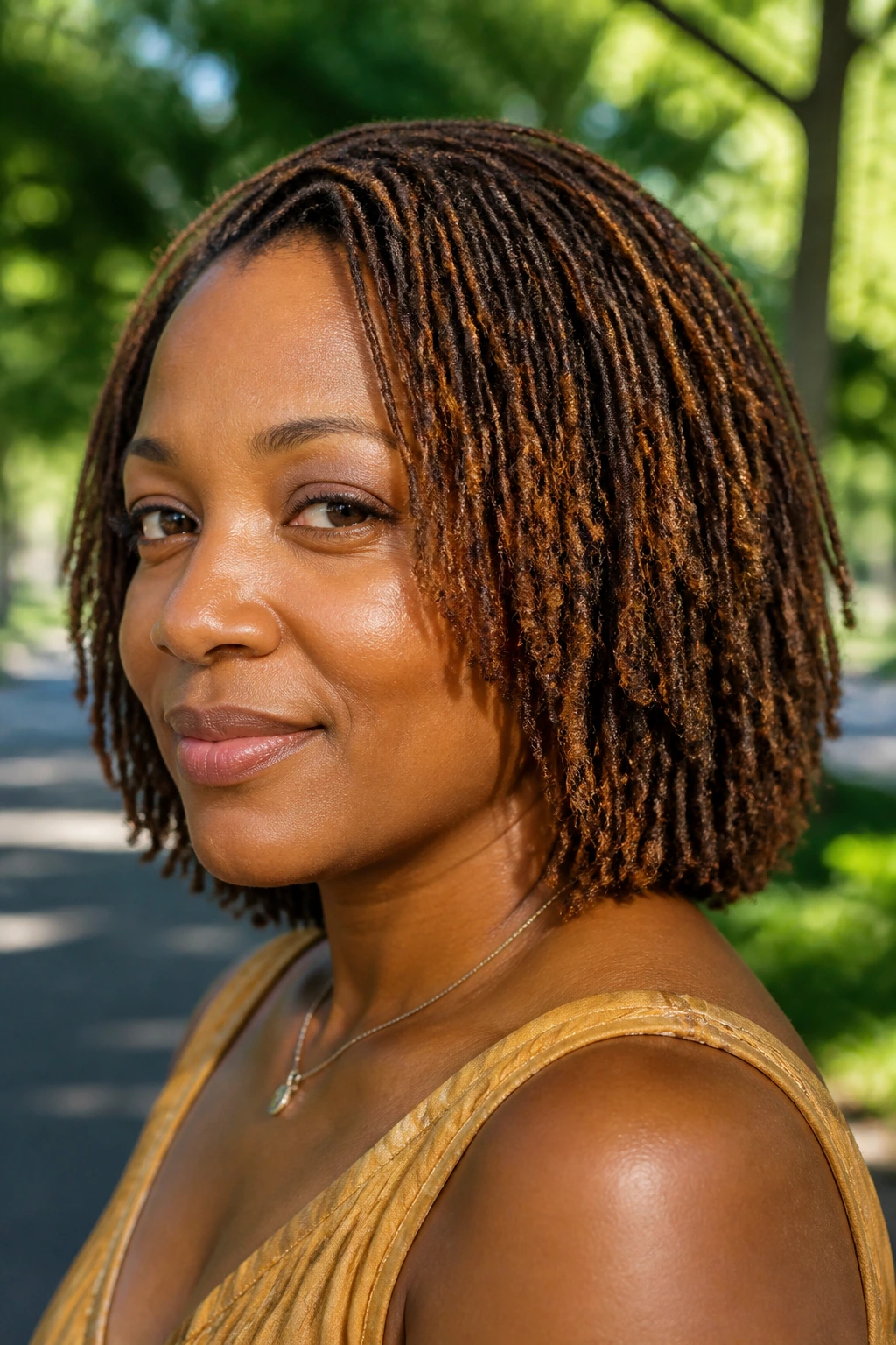Close-up of a real person with bronze caramel on sisterlocks in natural light