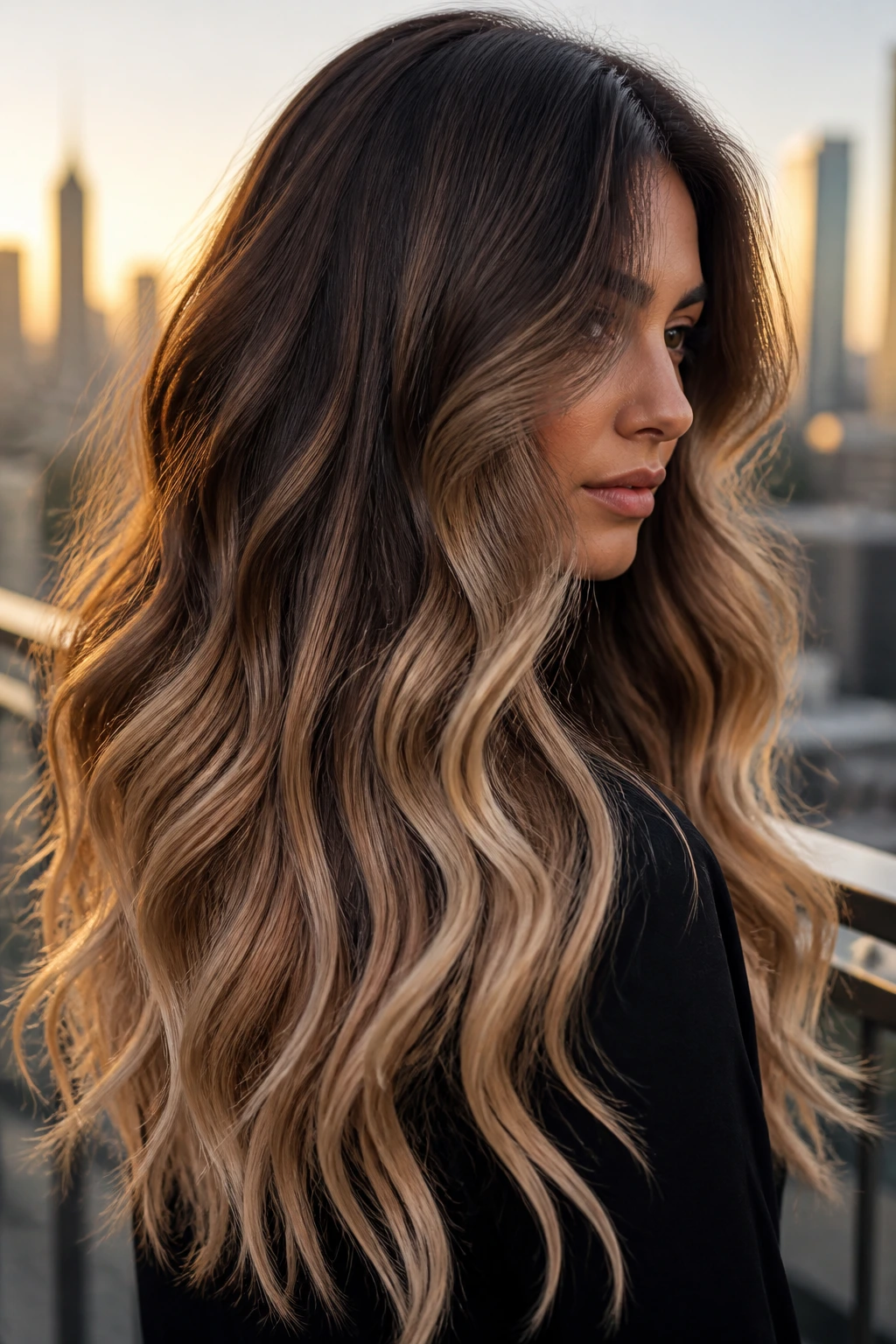 Close-up portrait of woman with bronze to champagne balayage.