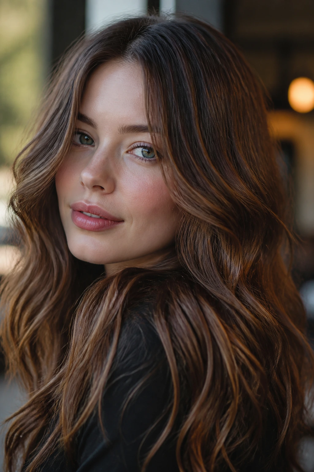 Close-up portrait of a real woman with bronze cocoa waves hair
