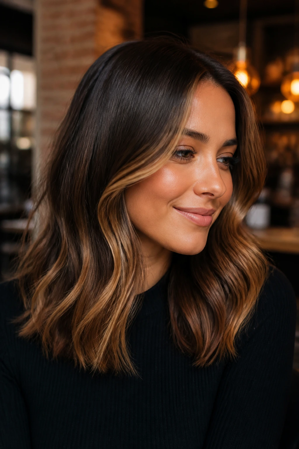 Portrait of a woman showing bronze contouring through the mid-lengths around the face.