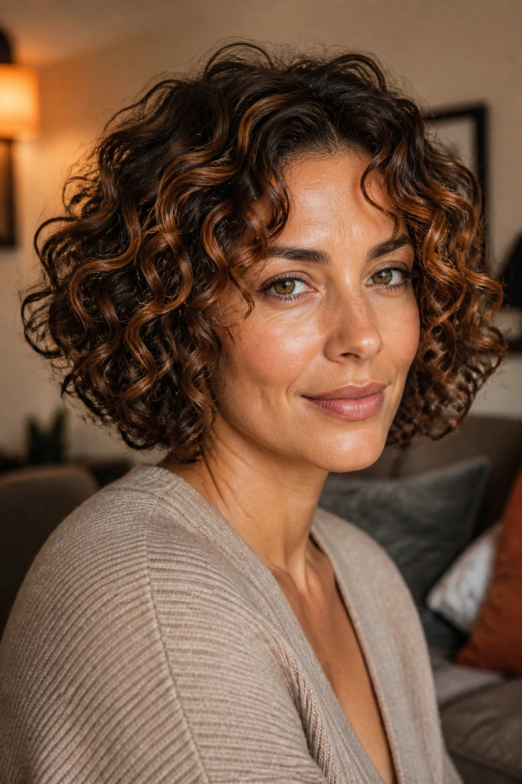 Close-up of a real person with curly bob and bronze copper threads on olive skin