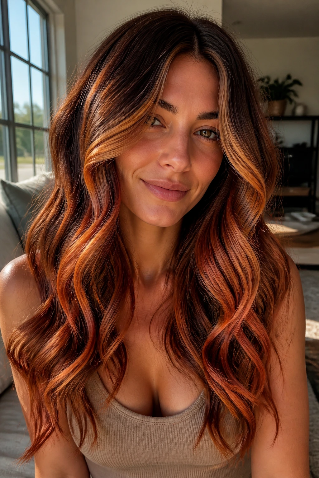 Real woman with bronze and copper long waves color contrast