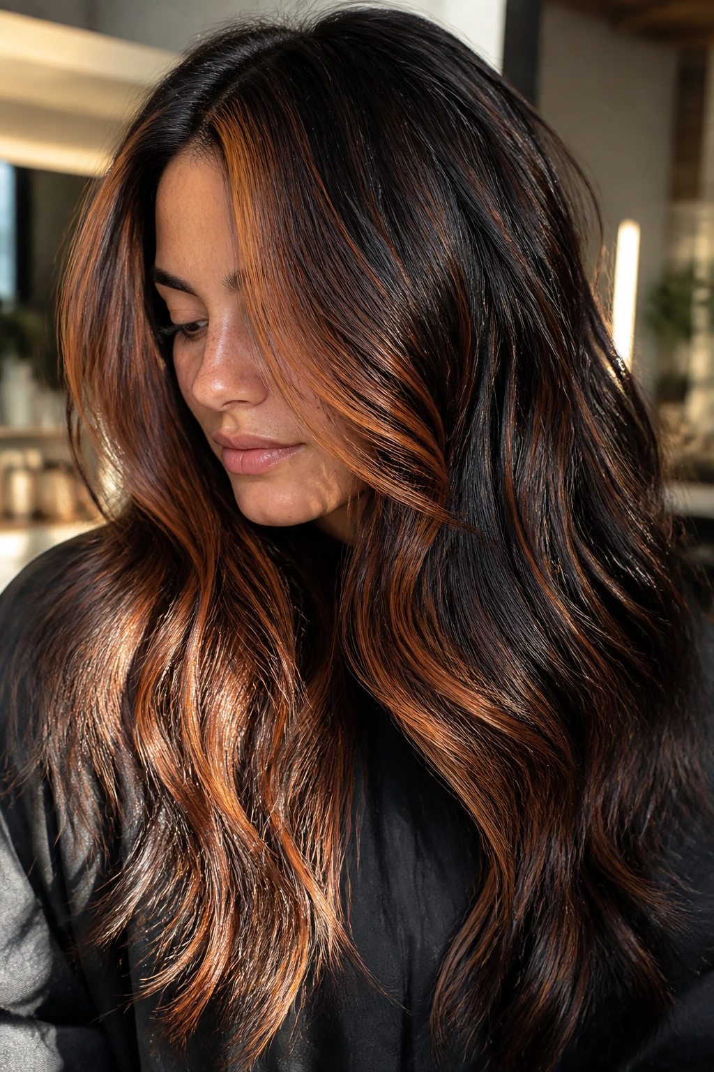 Close-up of thick dark hair showing bronze and copper slices