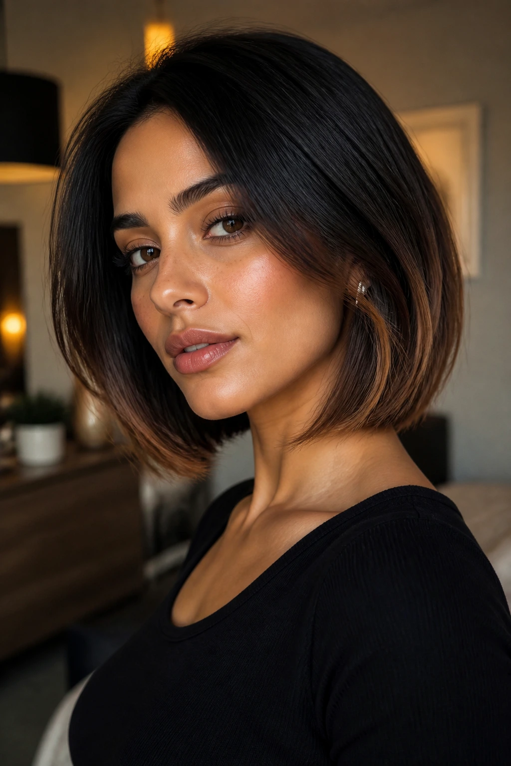 Real person with bronze-tinted tips on a black bob