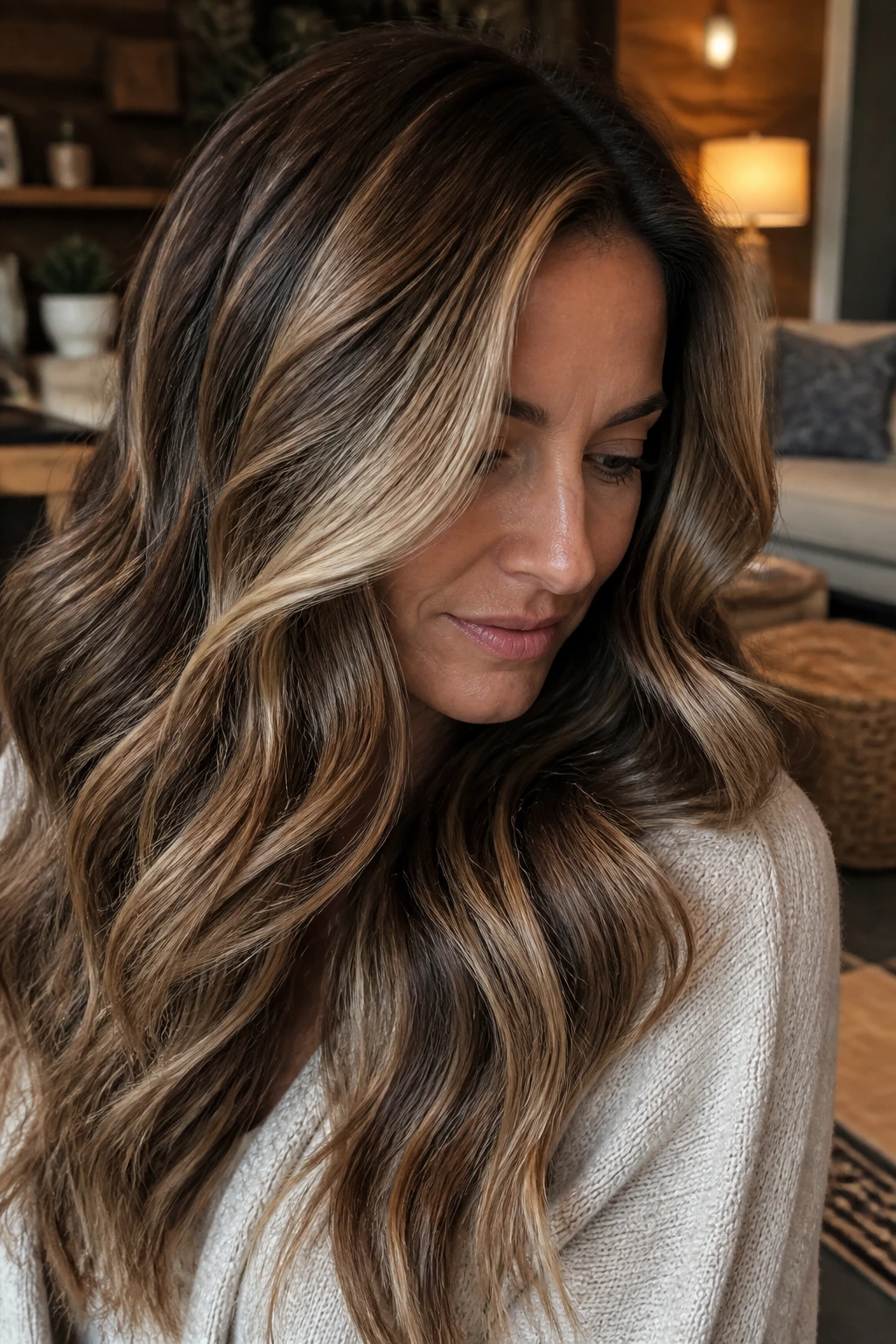 Brunette waves with bronze and cream highlights
