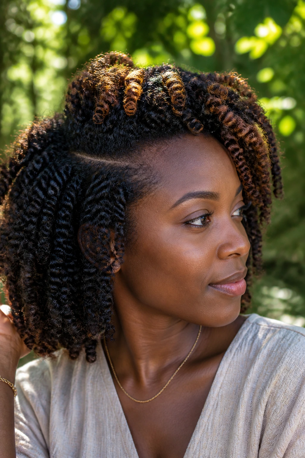 Close-up of a real person with twist-out and bronze crown pieces at the crown.