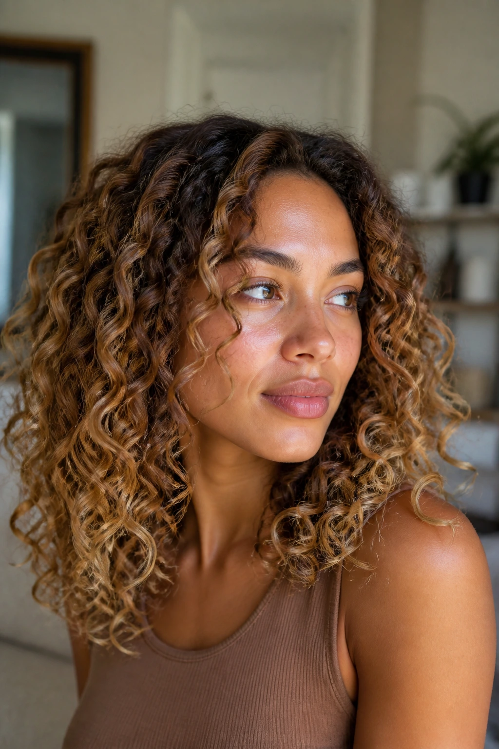 Close-up of a real woman with bronze-toned curls and buttery ends under warm window light