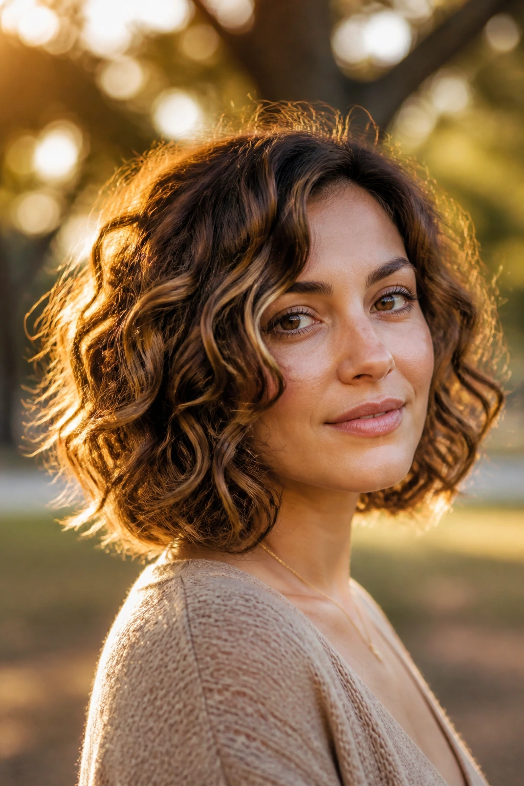Close-up of bronze highlights on a curly lob with soft layering