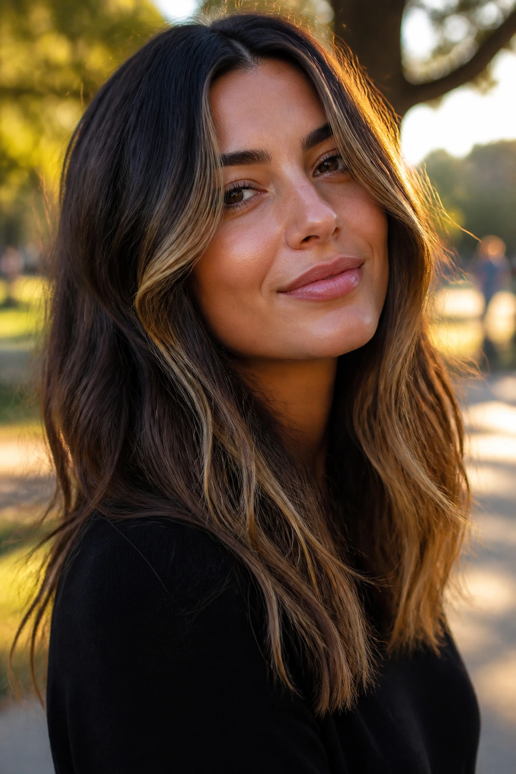 Bronze-kissed curtain pieces framing the face in brunette hair