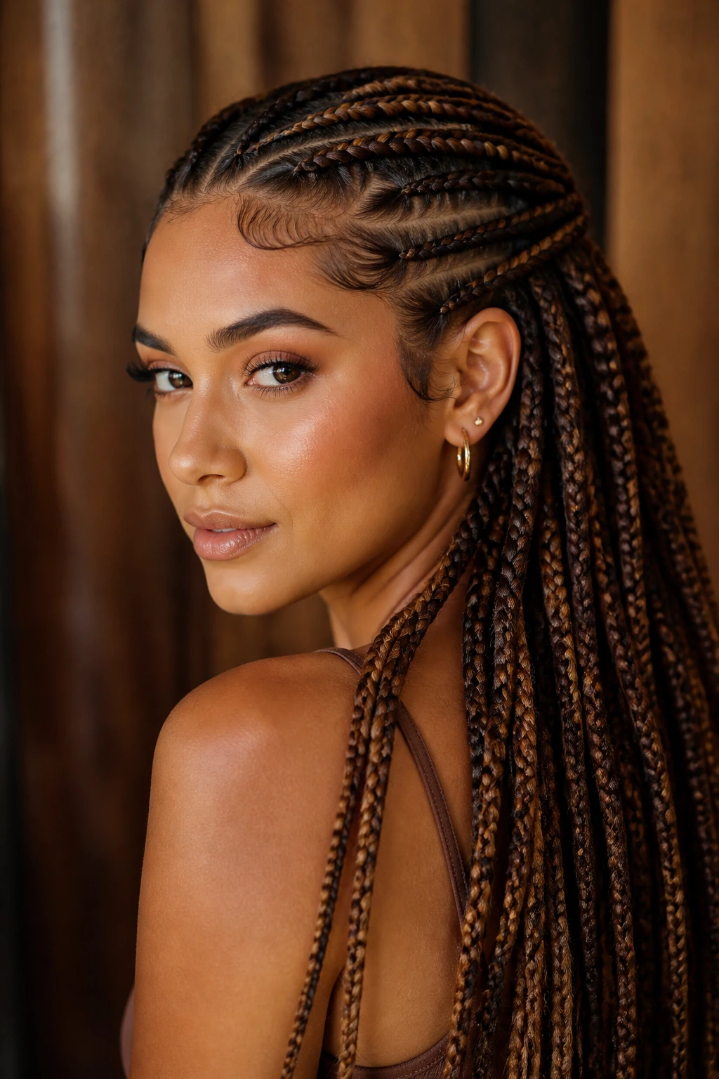 Close-up of a real woman with bronze-dimension braids in a protective style on tan skin
