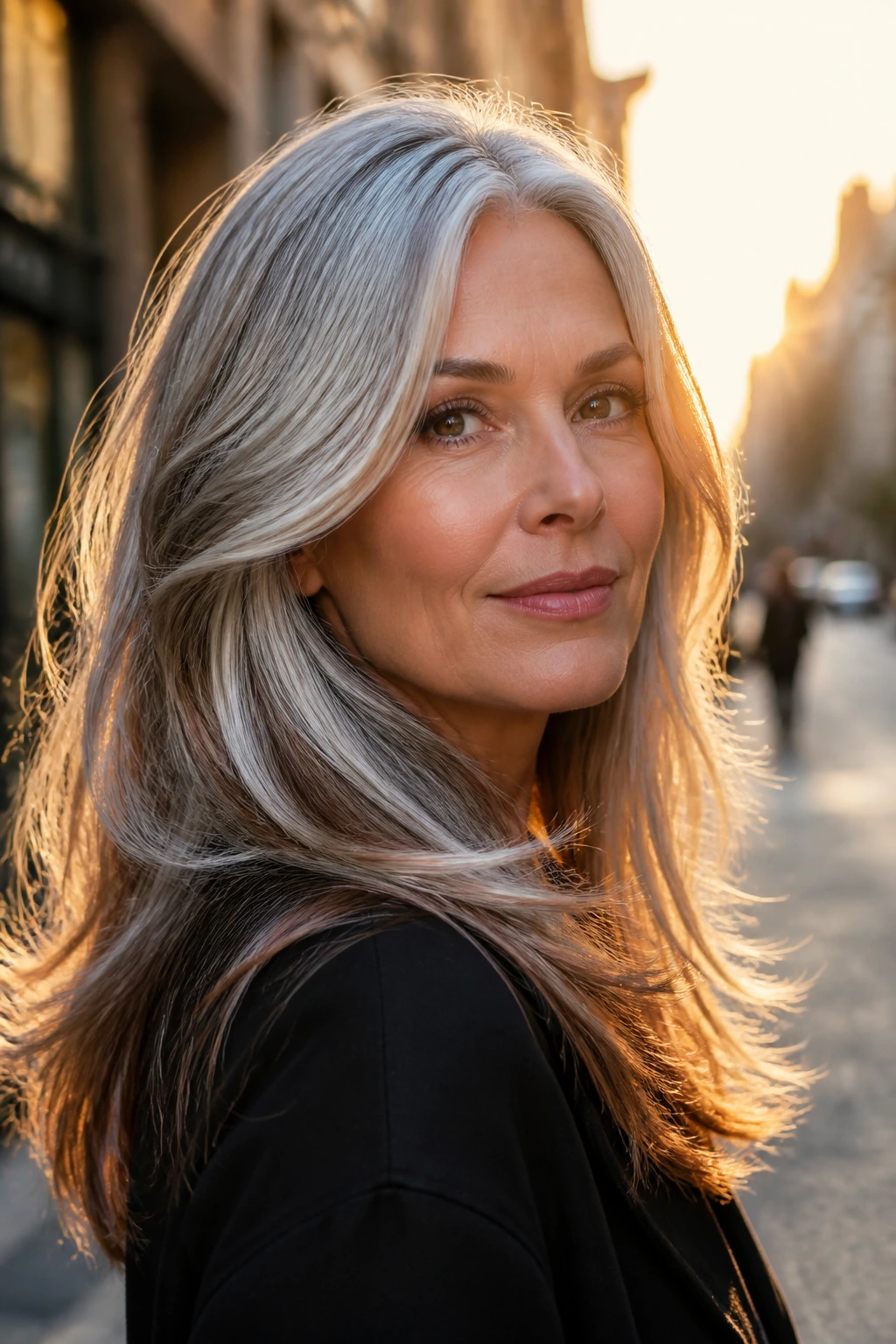 Real woman with bronze-edged silver hair on long layers