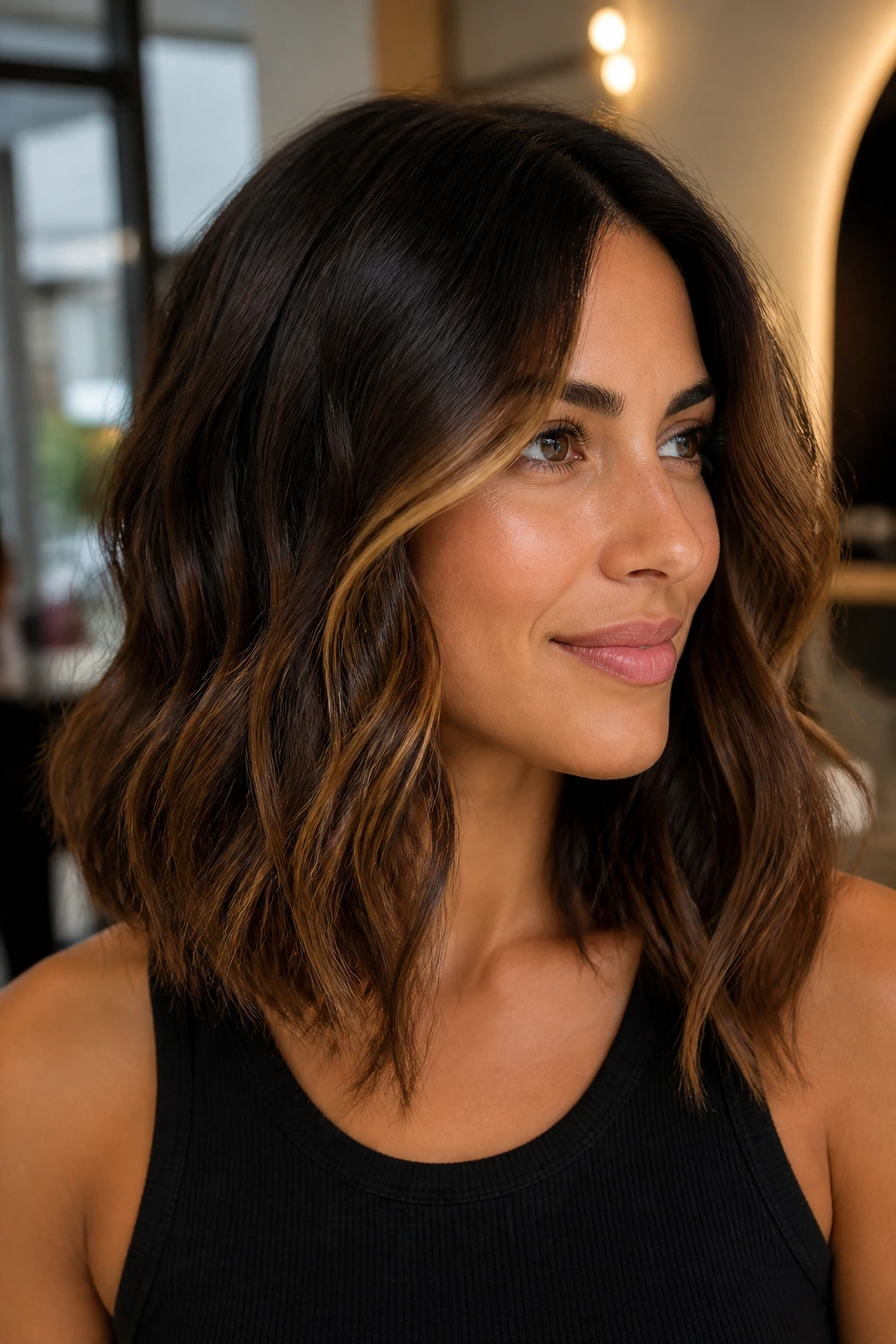 Close-up of brunette with bronze and espresso dimension through beachy waves