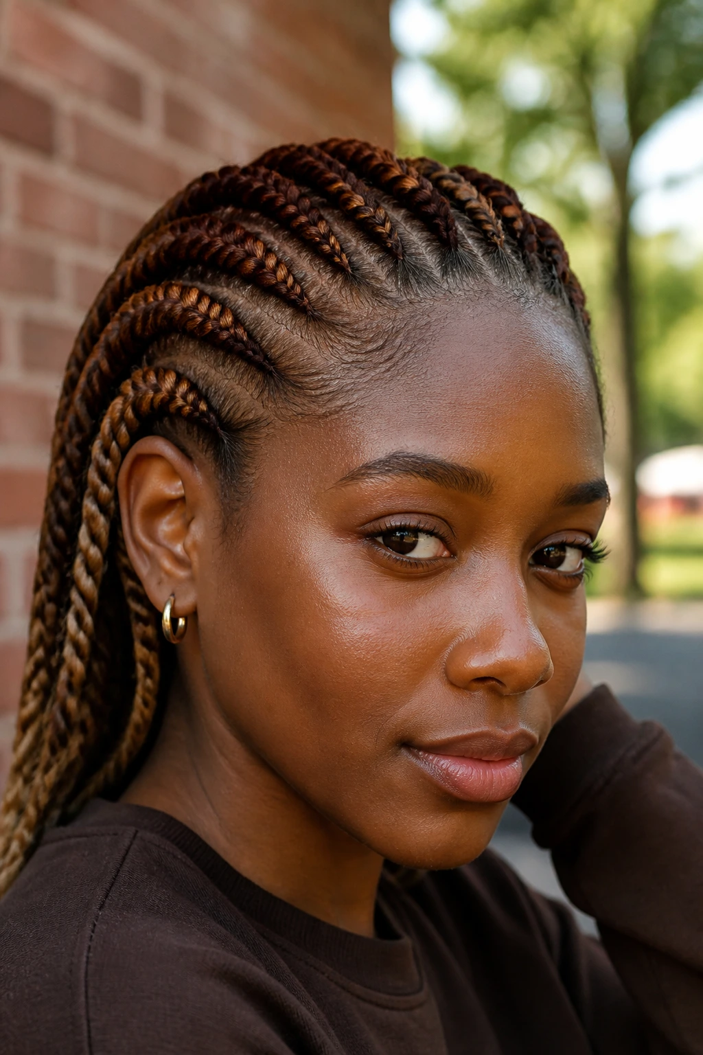 Close-up of bronze flat twists on a real person, warm skin tone, crisp scalp lines.