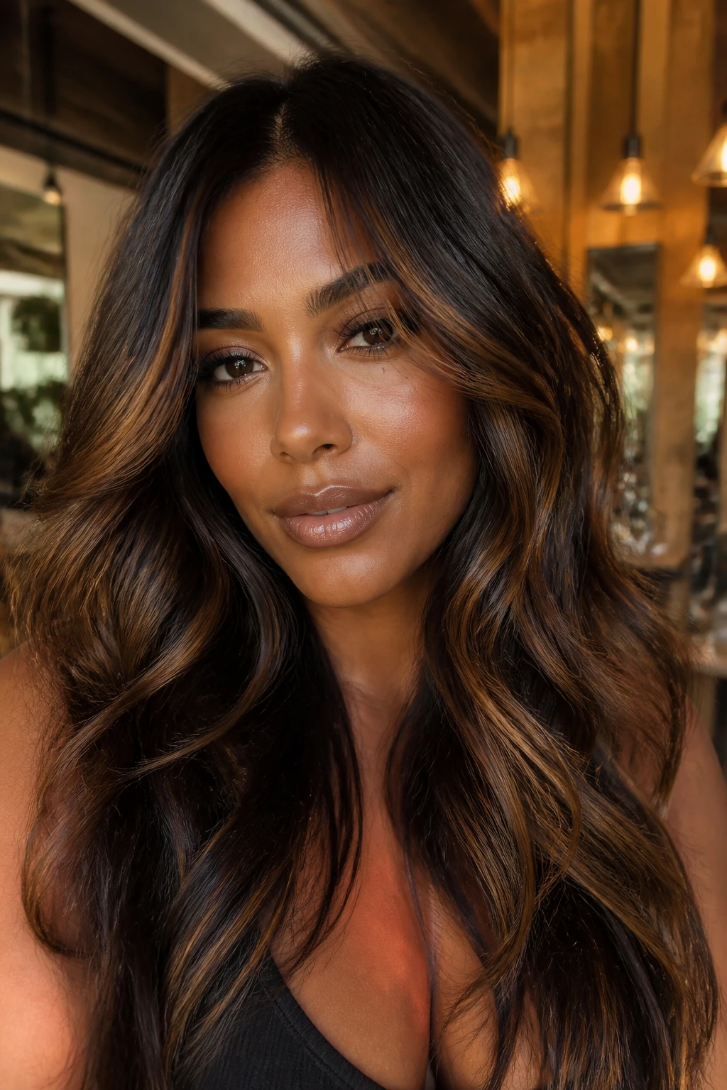 Close-up portrait of a real woman with bronze foilyage highlights on dark hair