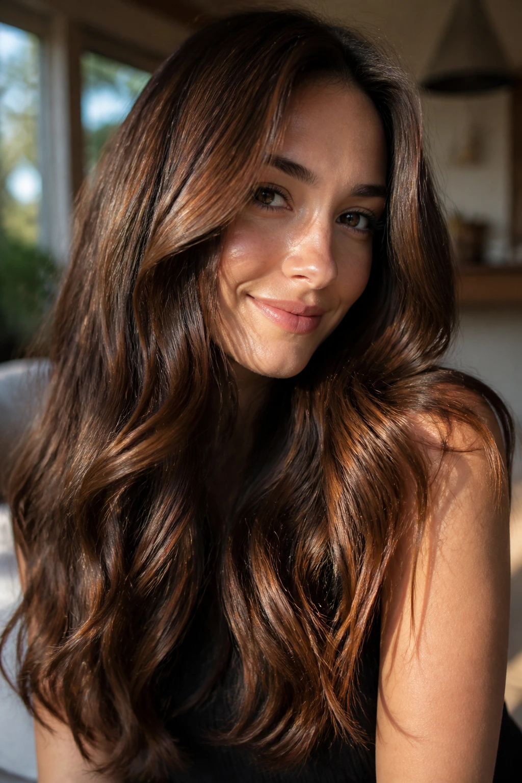 Dark brown hair with bronze glaze and glossy shine