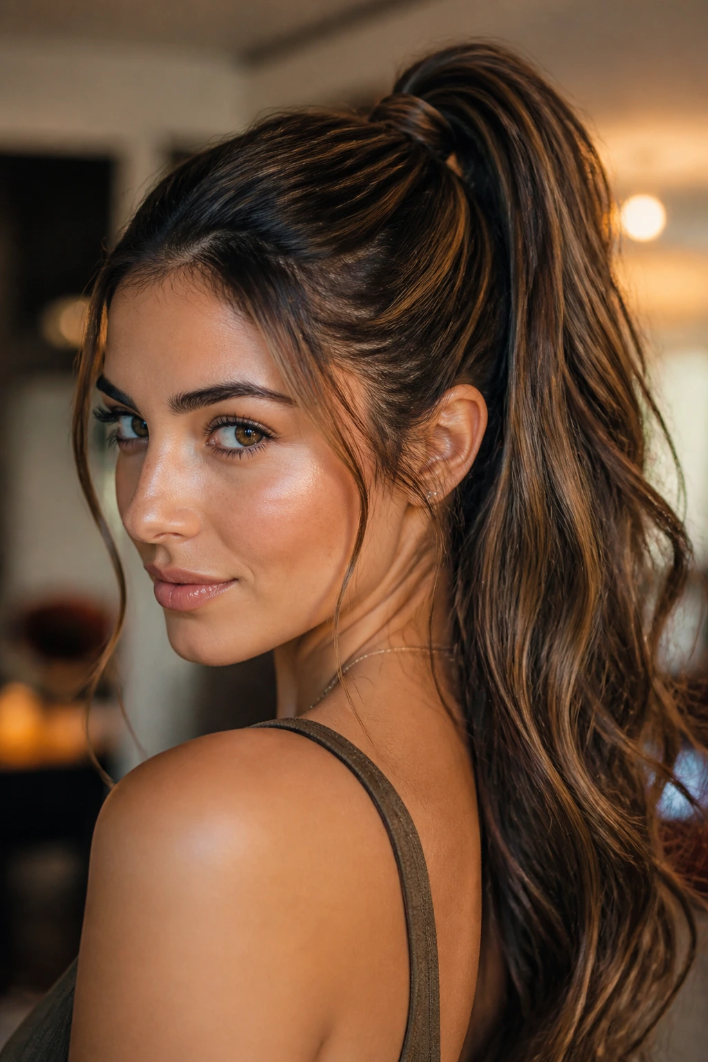 Close-up of a woman with bronze glaze high ponytail and olive skin under warm indoor light
