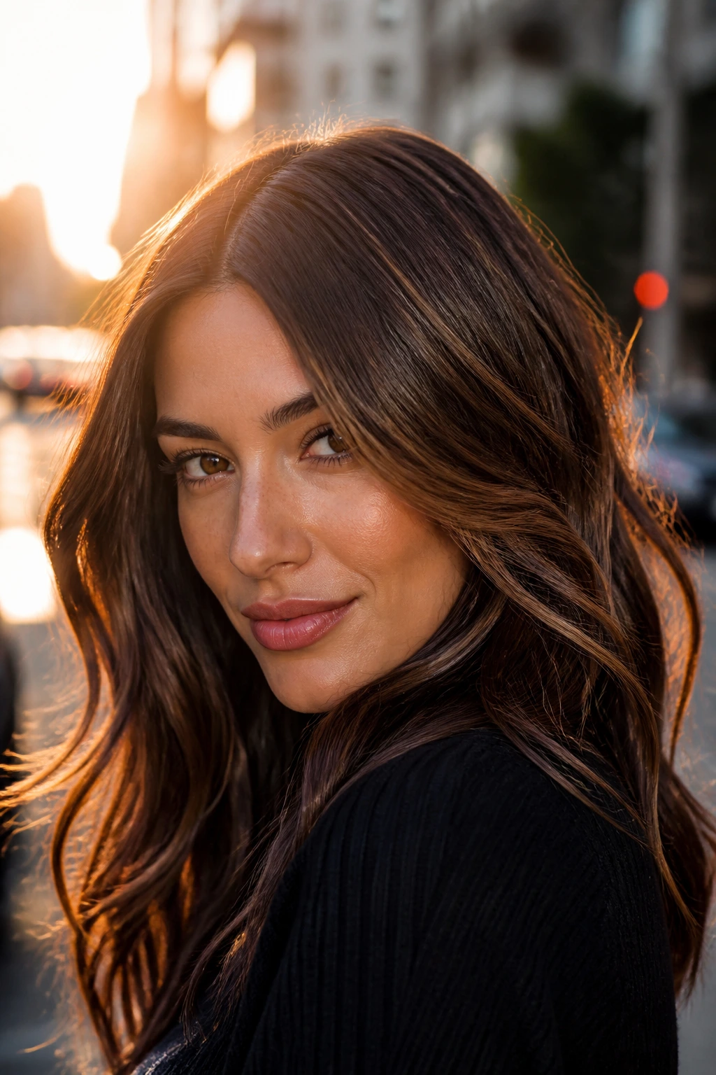 Real person with espresso base hair and bronze gloss balayage