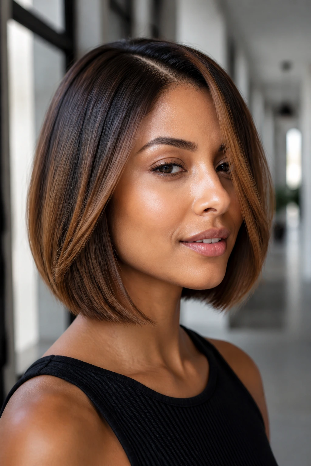 Close-up portrait of a real woman with bronze gloss bob and dark roots in soft daylight