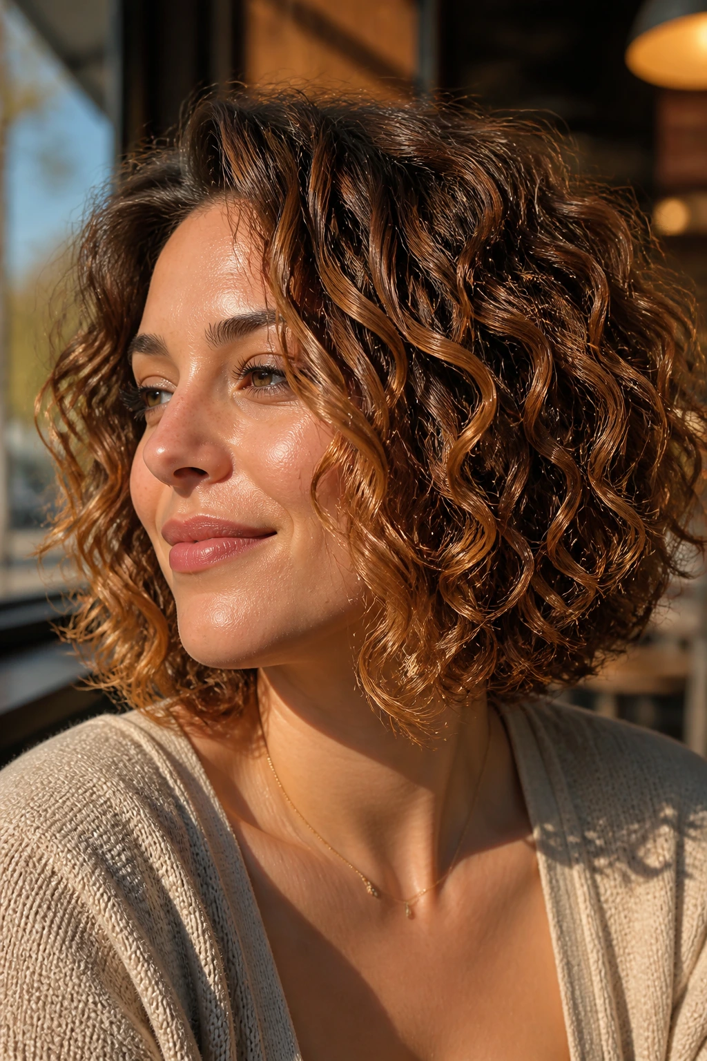 Real woman with bronze glow shoulder bob and warm lighting