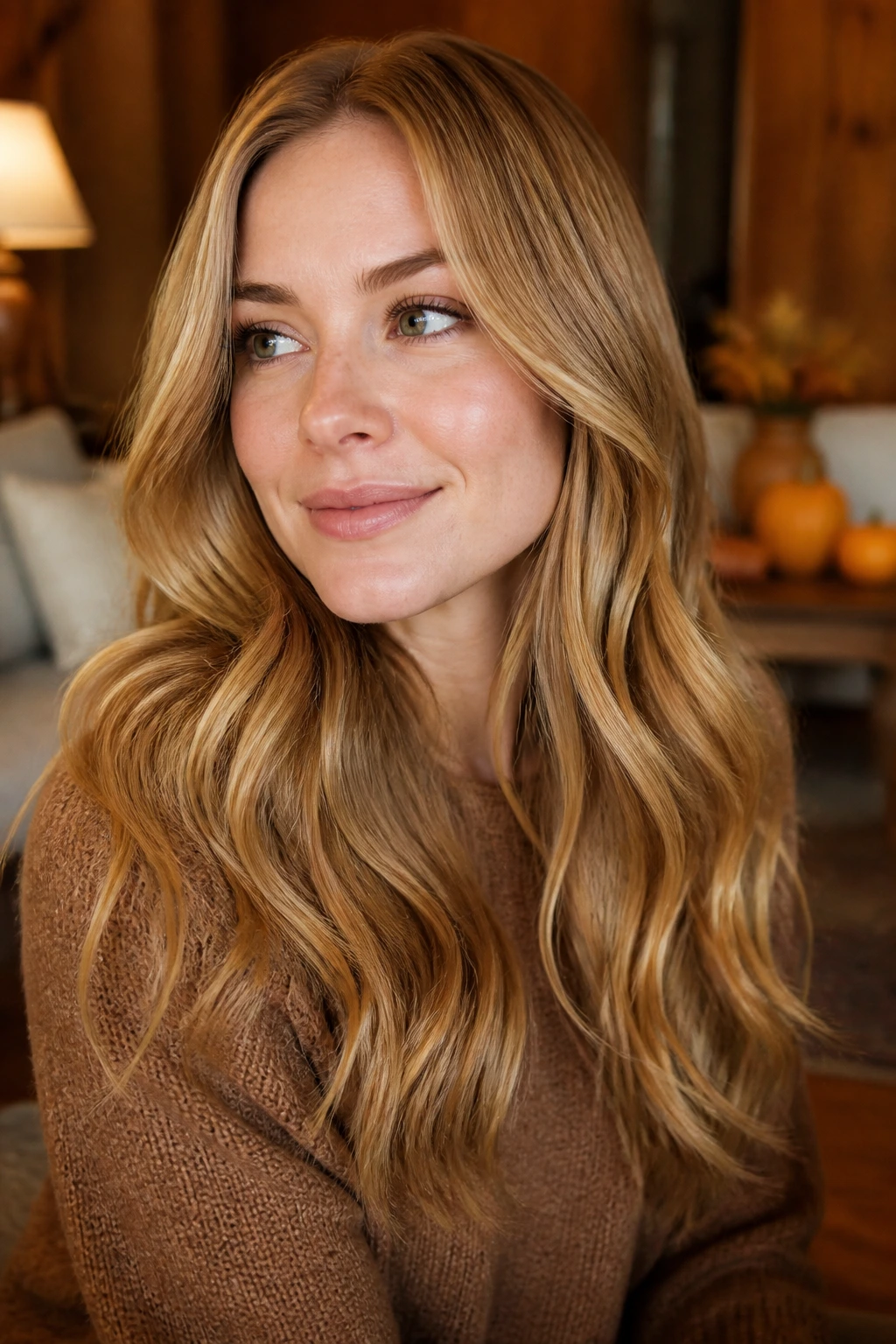 Close-up portrait of a real woman with bronze gold blonde hair in a warm living room
