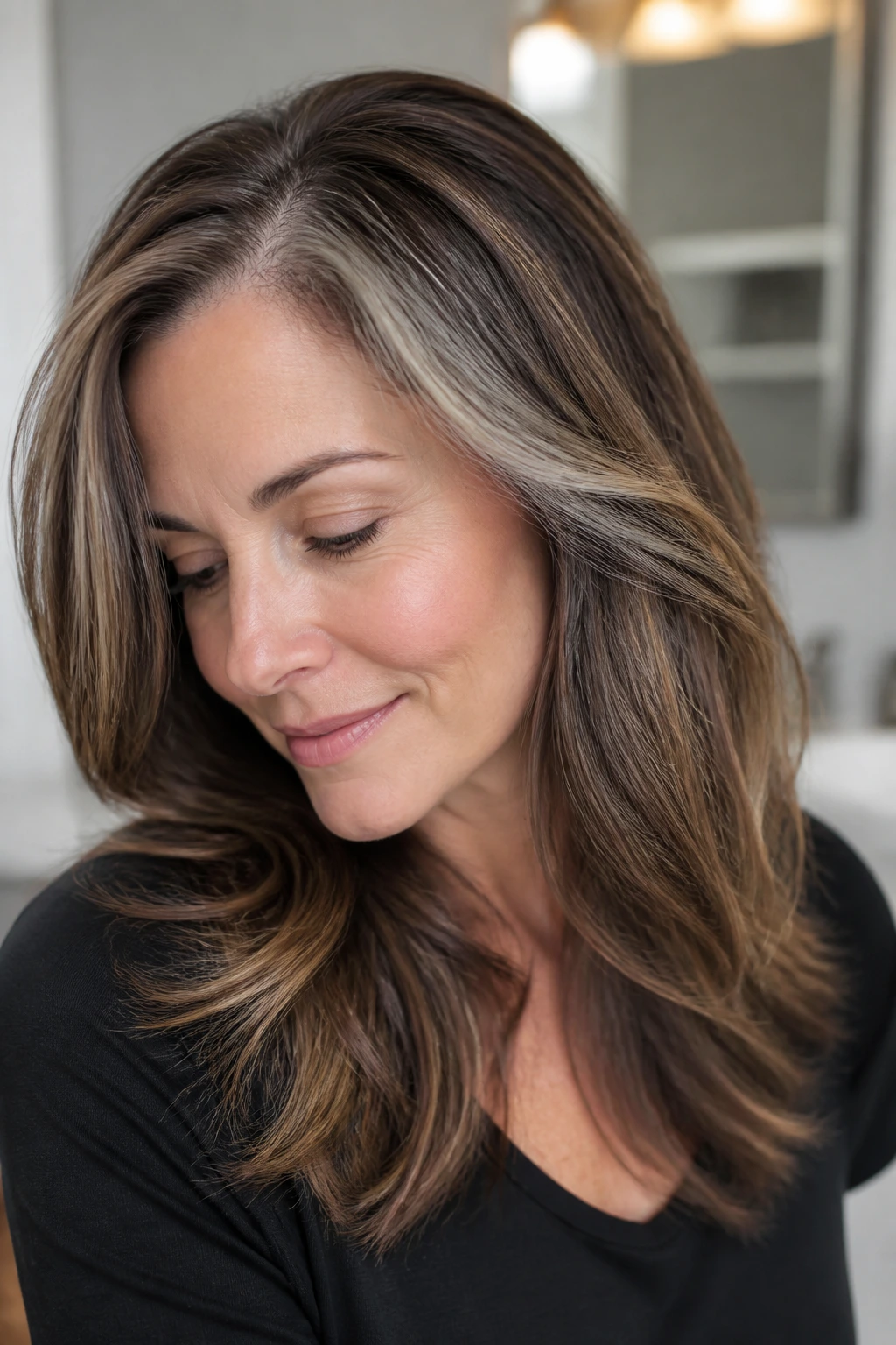 Close-up portrait of bronze-gray blending with first silvers