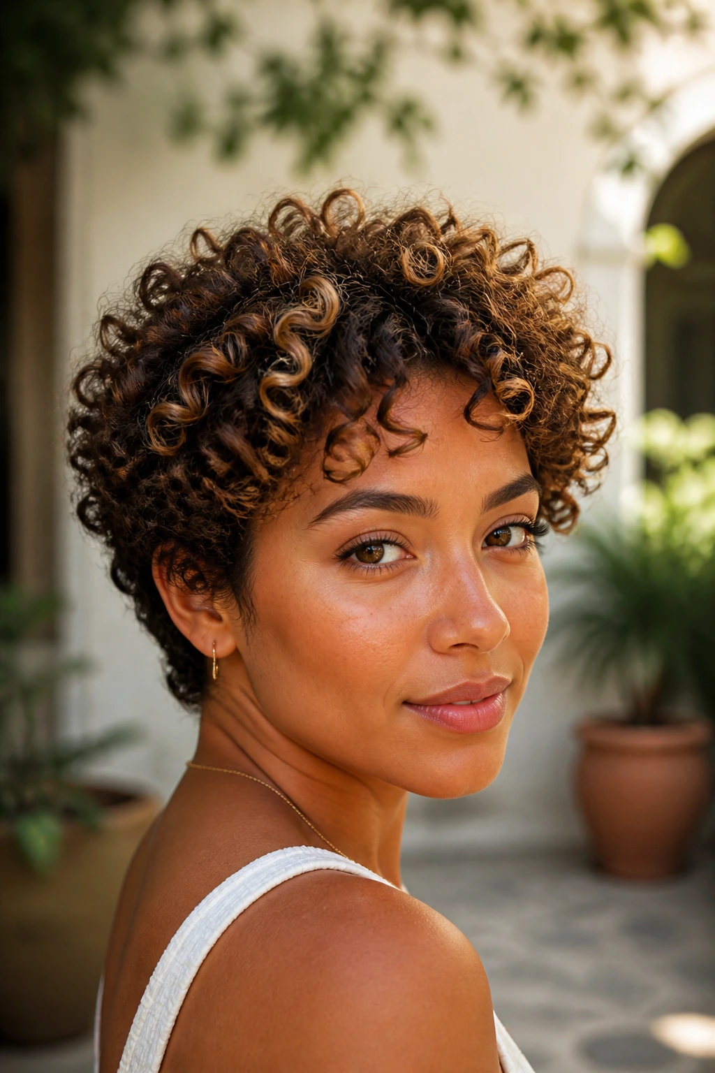Close-up of short curly hair with bronze halo highlights at crown