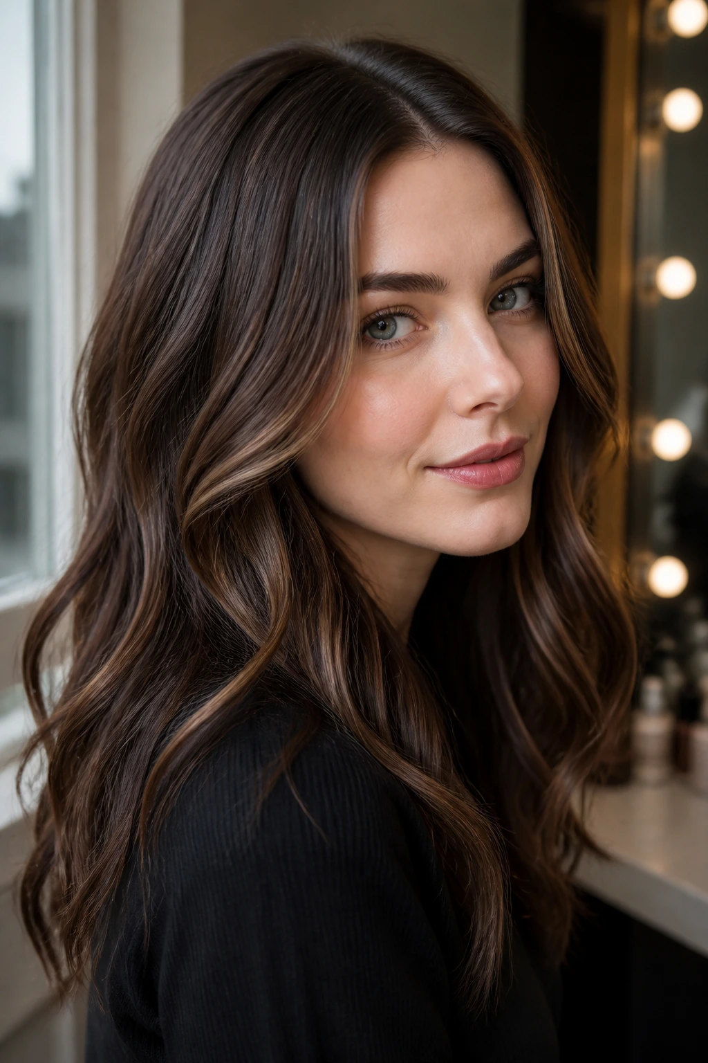 Close-up portrait of a real person with cool-toned skin and restrained brown-bronze highlights.