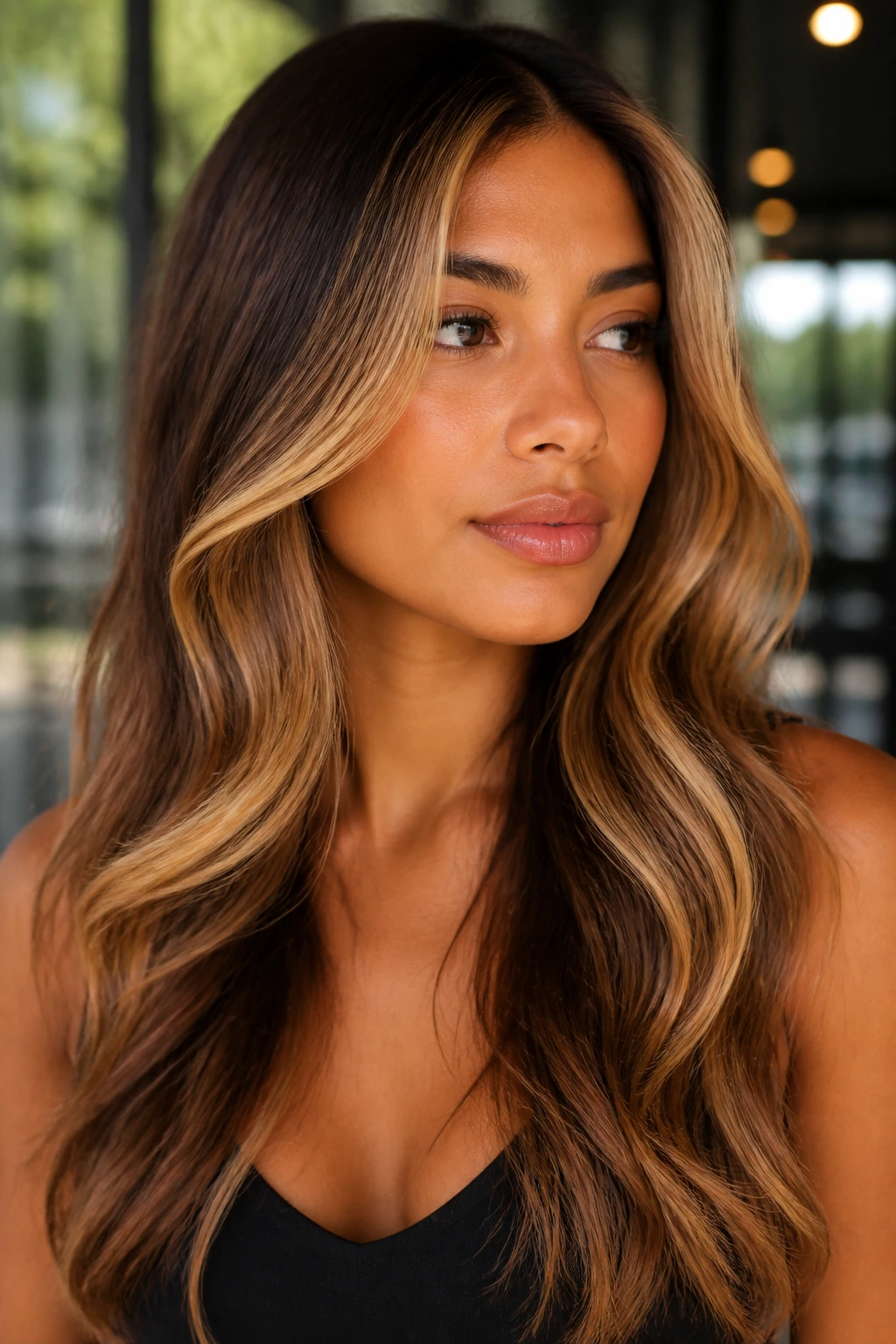 Portrait of a person showing bronze contour pieces and honey highlights framing the face