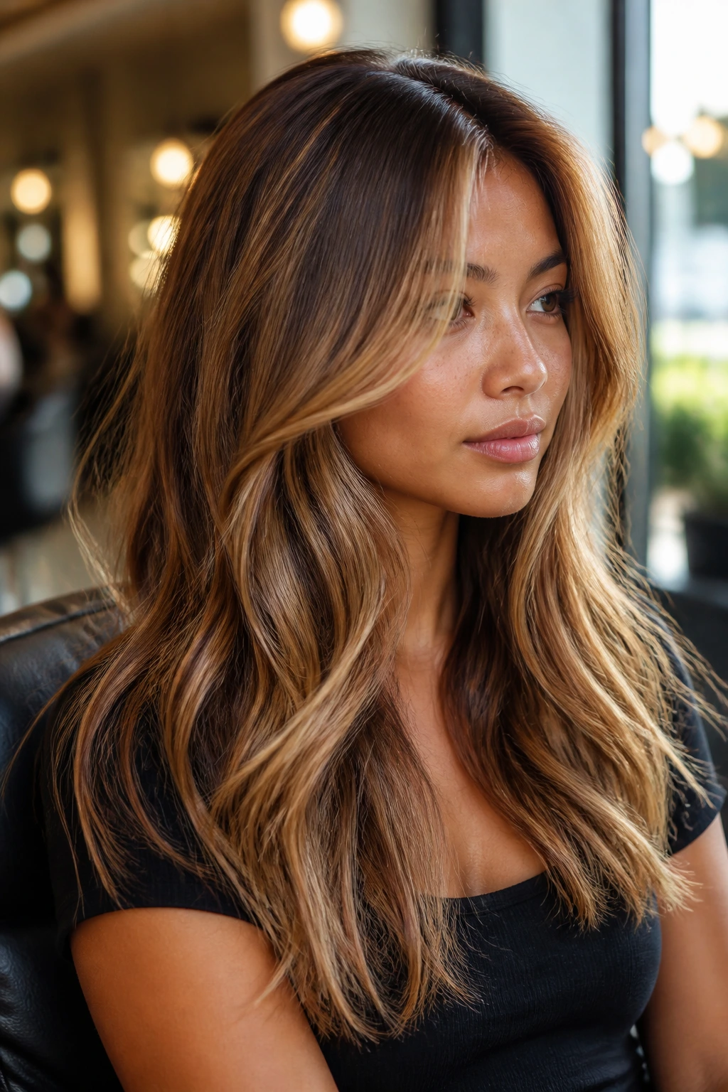 Close-up portrait of a real woman with bronze honey midlights at midshaft against warm salon lighting