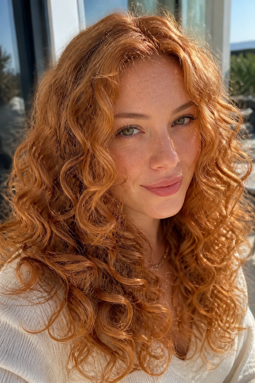 Close-up of a real woman's bronze-infused strawberry curls in bright sunlight