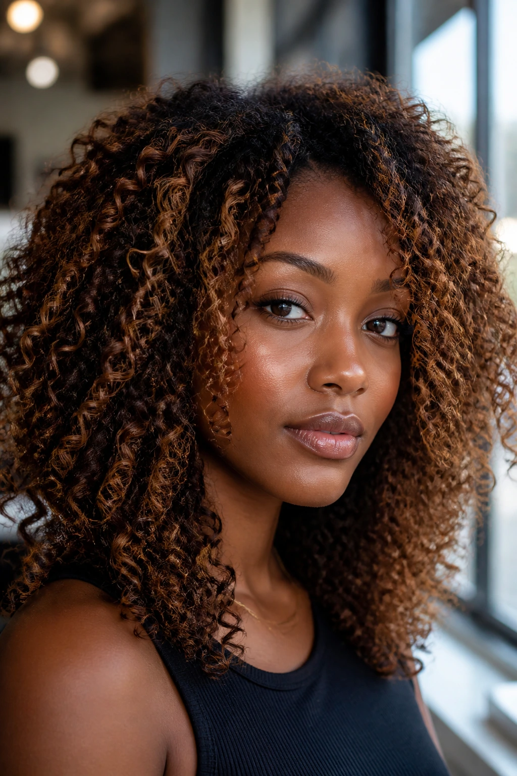 Close-up of real person’s curly hair with bronze-laced ribbons.