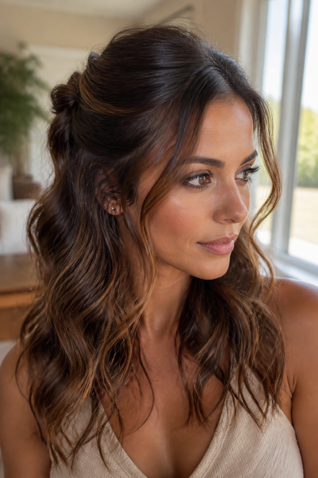 Brunette with bronze lowlights in half-up wavy hairstyle