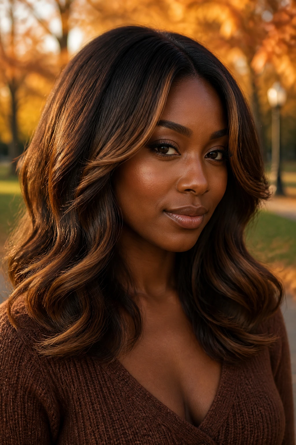 Close-up portrait of a real woman with bronze-maple sweep hair