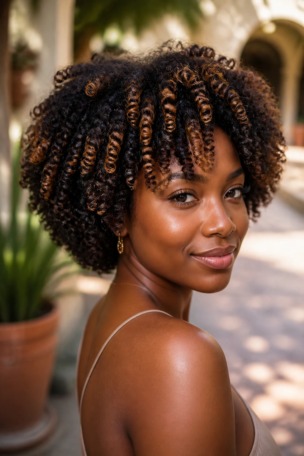 Close-up of a real woman with Bronze Melt highlights on coily hair