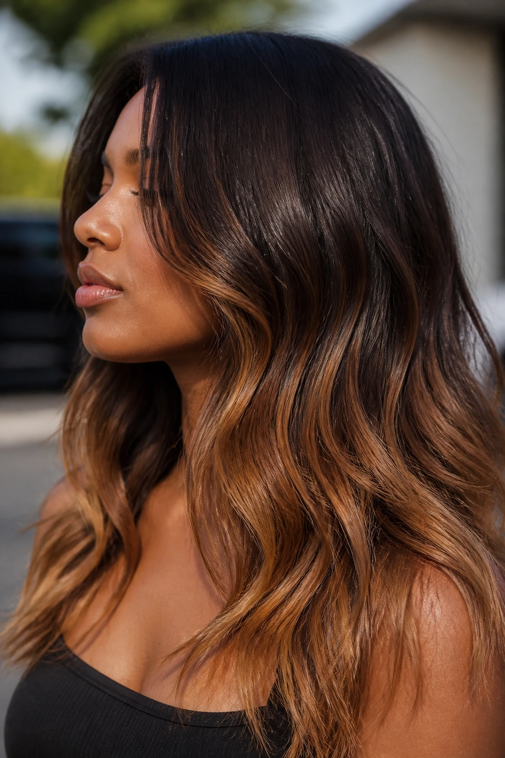 Bronze melt gradient on mid-length to ends hair on real person