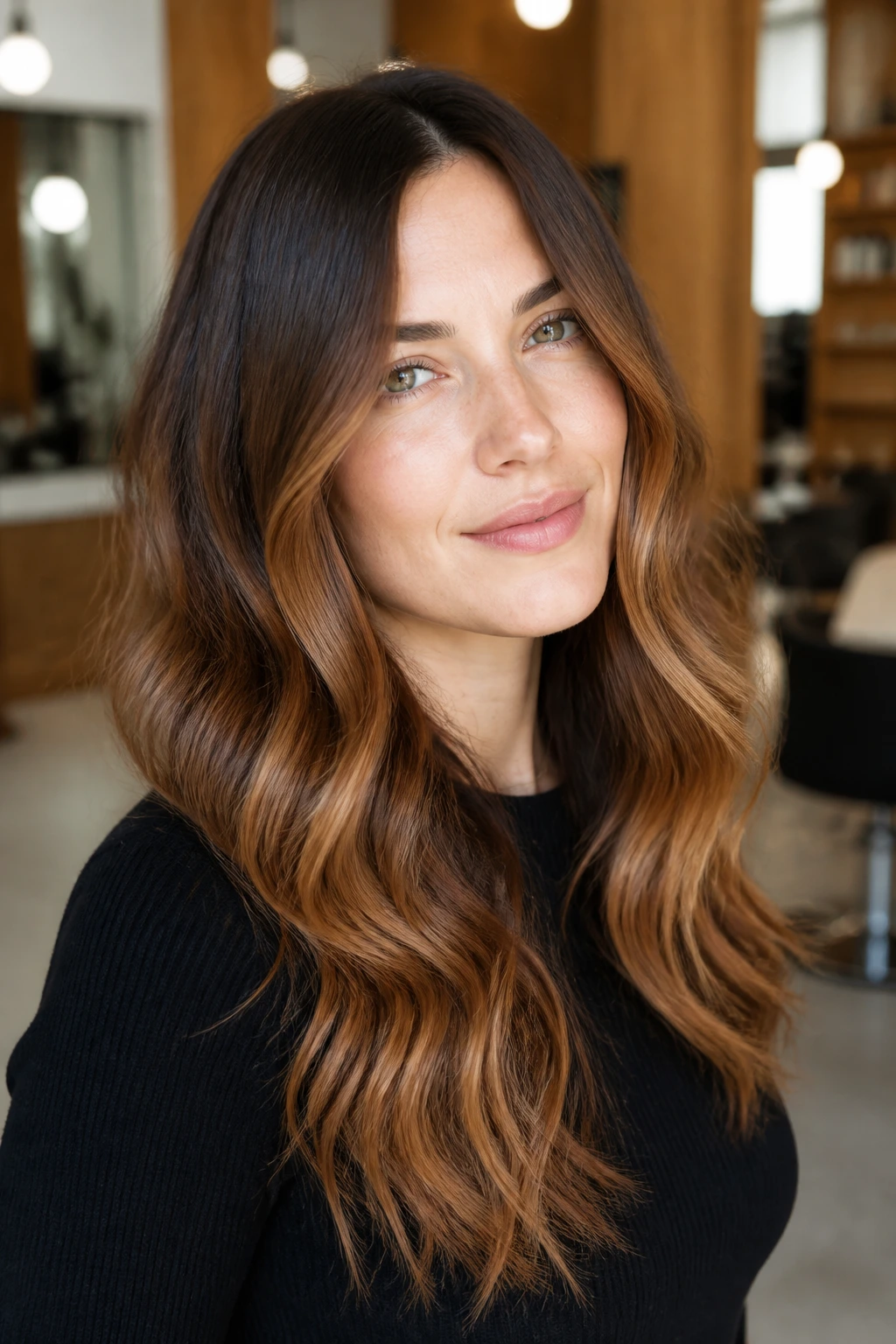 Close-up of a real woman with bronze-to-amber hair gradient from roots to tips