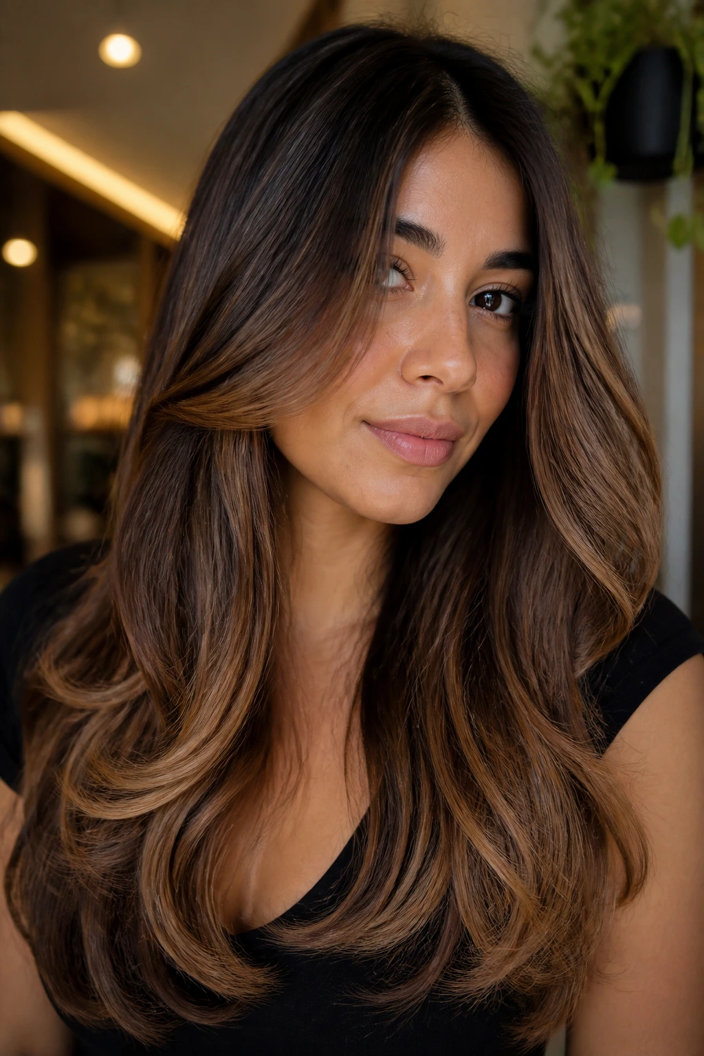 Real woman with bronze melt hair and soft V-cut on olive skin
