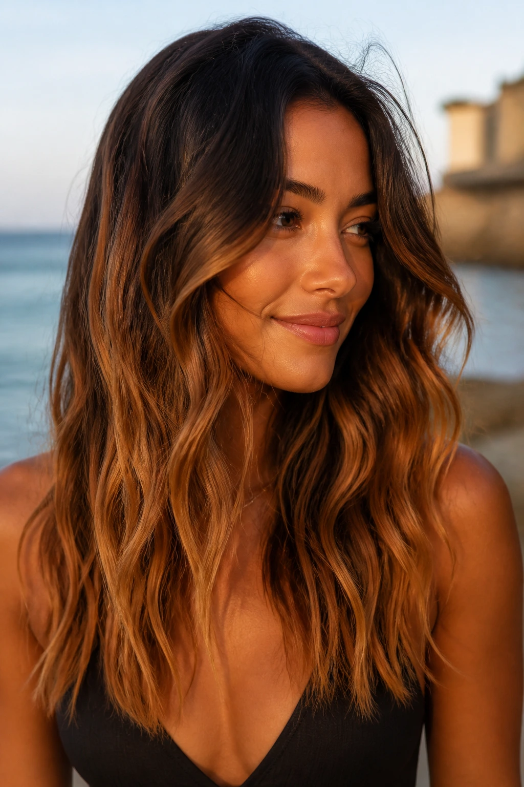 Close-up of a real woman with bronze ombré beach waves outdoors in warm sunlight.