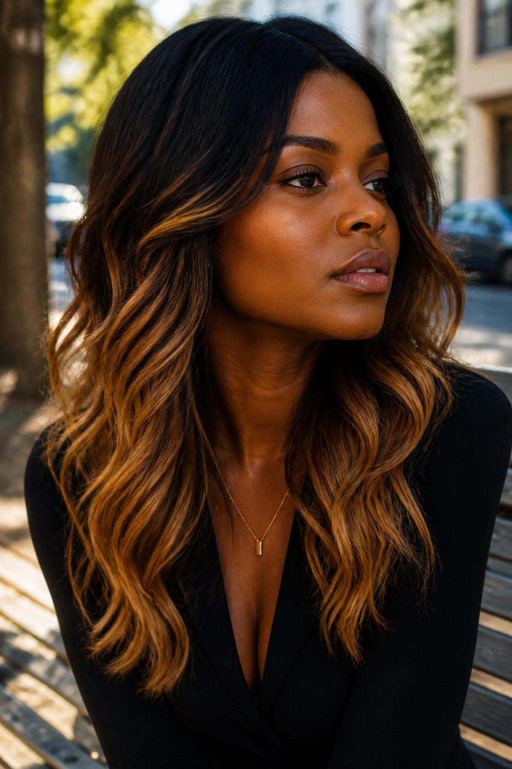 Close-up of bronze ombre hair gradient on a real person outdoors