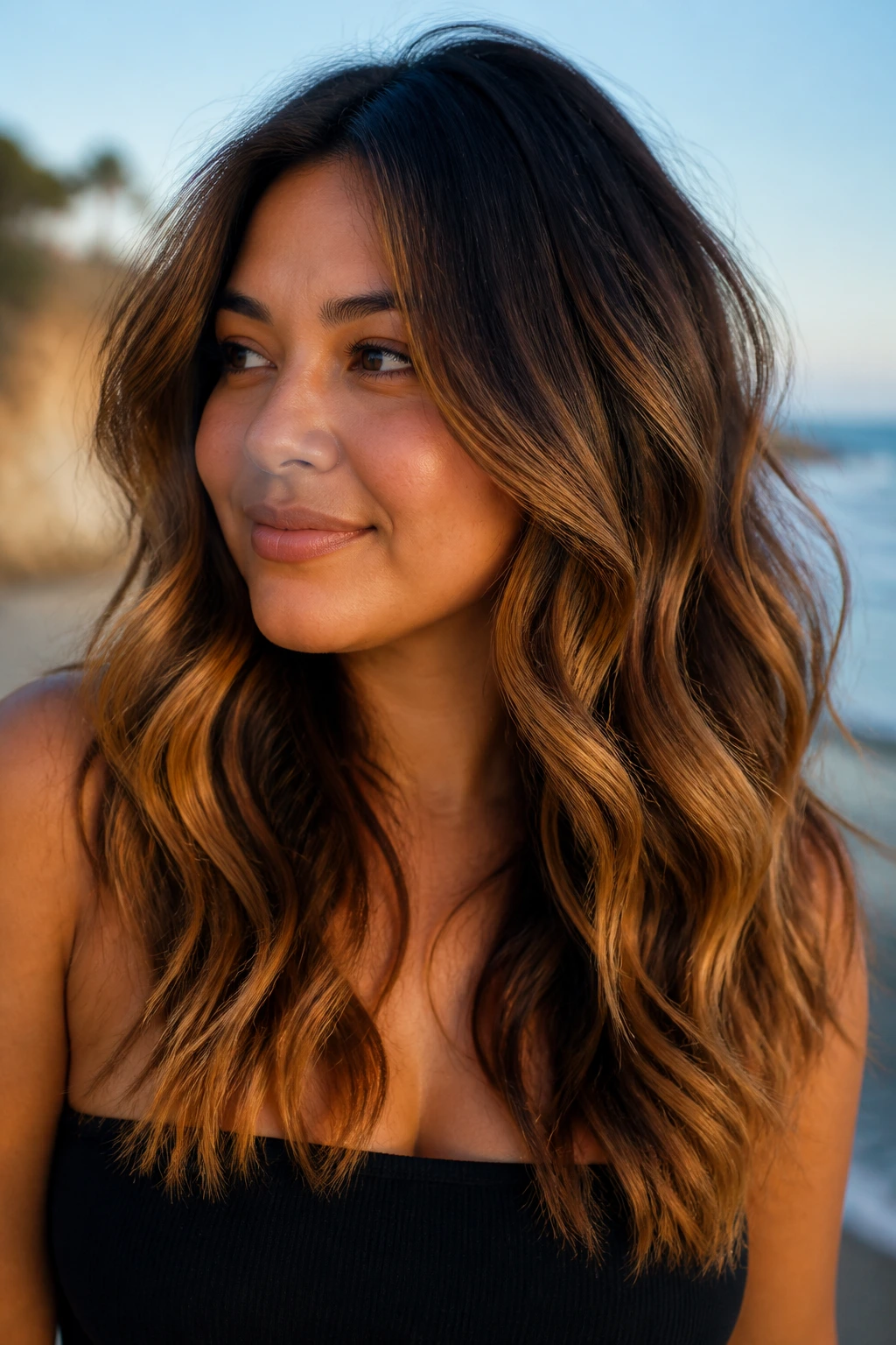 Close-up of a real woman with bronze ombré on layered waves
